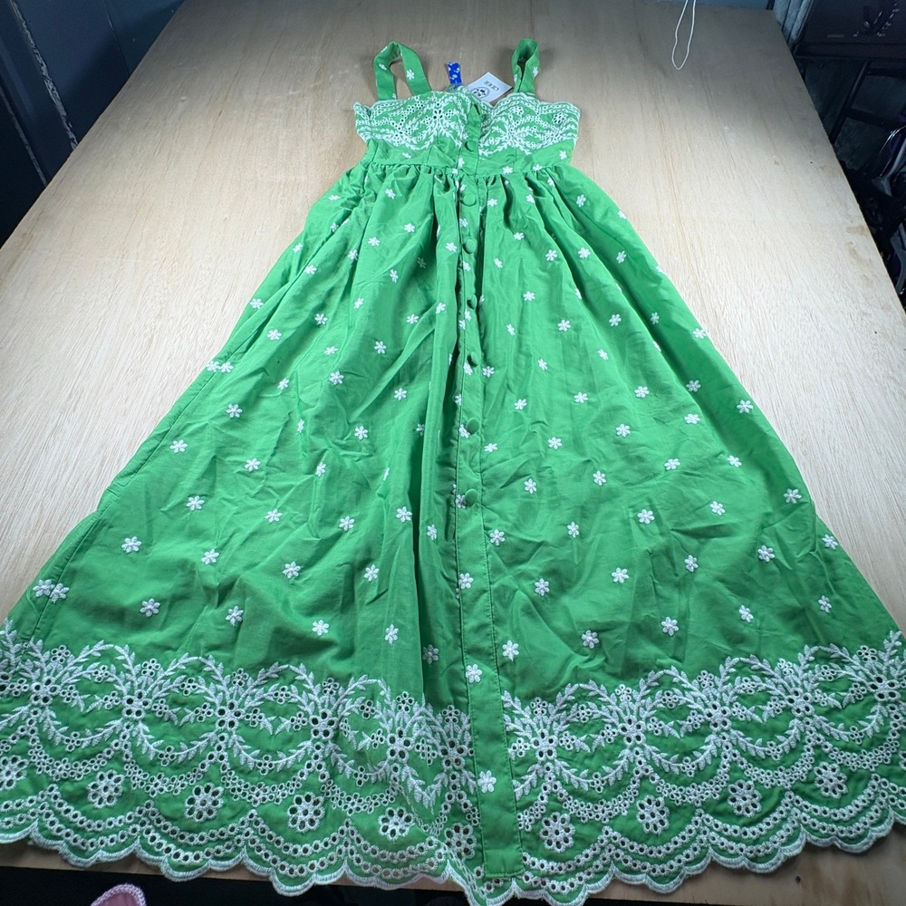 Cider Green Floral Eyelet Embroidery Maxi Dress Button Front Scallop Hem XXS NEW
